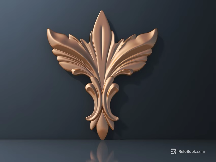 Golden Leaf Shaped Decorative Carving on Dark Background with Reflective Surface 3d model
