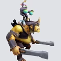 Muscular Warrior With Small Wizard On Shoulders Holding Green Orbs And Axes