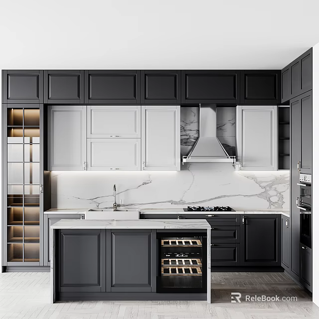 Modern Kitchen Interior With Black White Cabinetry Marble Island Countertops And Wine Rack 3d model 