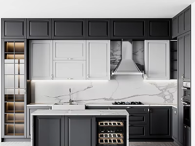 Modern Kitchen Interior With Black White Cabinetry Marble Island Countertops And Wine Rack 3d model