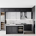 Modern Kitchen Interior With Black White Cabinetry Marble Island Countertops And Wine Rack