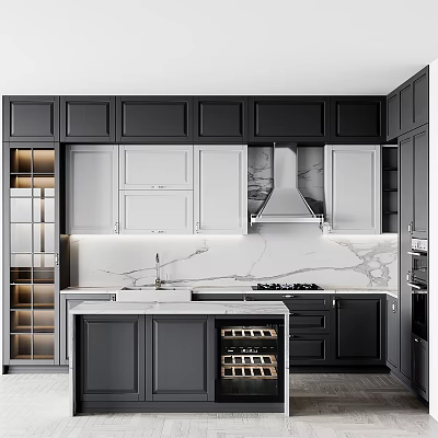 Modern Kitchen Interior With Black White Cabinetry Marble Island Countertops And Wine Rack 3d model