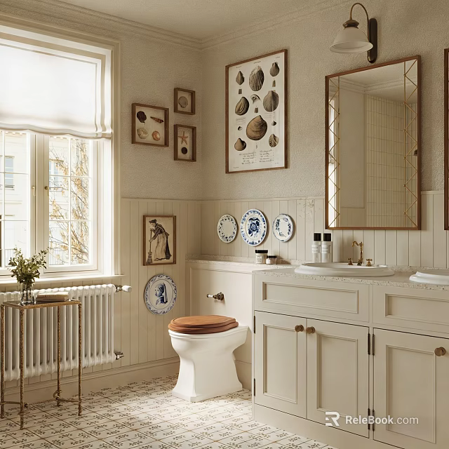 Cozy Bathroom Interior With Wooden Seat Toilet Double Sink Vanity And Framed Artworks 3d model 