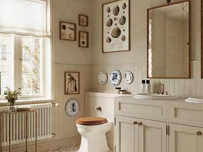 Cozy Bathroom Interior With Wooden Seat Toilet Double Sink Vanity And Framed Artworks 3d model