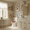 Cozy Bathroom Interior With Wooden Seat Toilet Double Sink Vanity And Framed Artworks