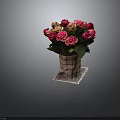 Fresh Pink And Orange Roses In Checkered Vase On Patterned Mat With Dark Background