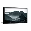 Black and White Landscape Painting Featuring Layered Mountain Peaks and Valleys with Natural Scenery Details