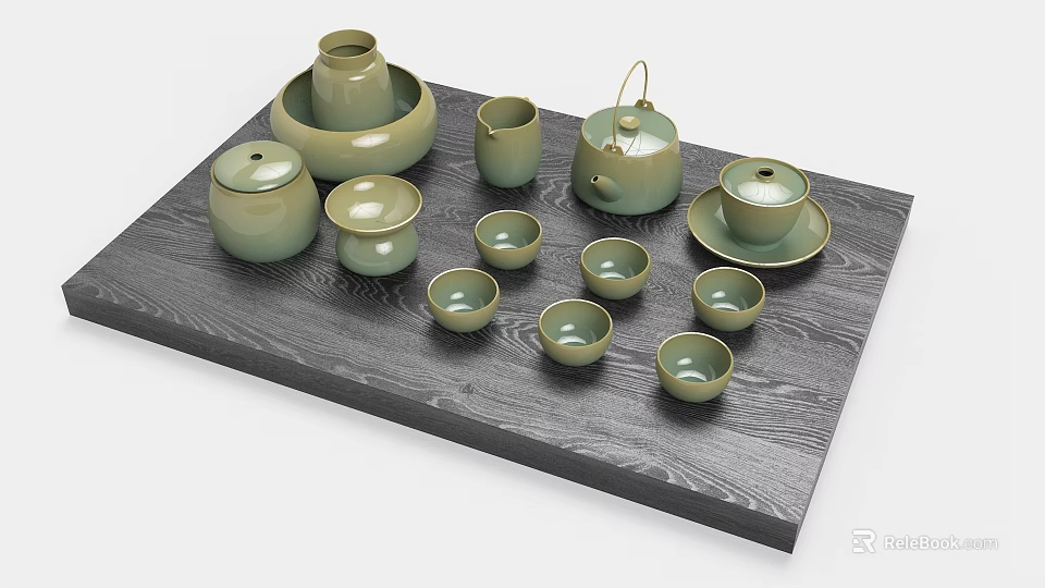 Minimalist Light Green Ceramic Tea Set with Teapot Teacups and Caddy on Dark Wood Tray 3d model 