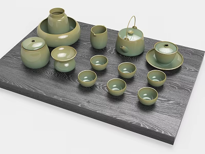 Minimalist Light Green Ceramic Tea Set with Teapot Teacups and Caddy on Dark Wood Tray 3d model