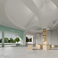 Modern Front Desk Reception Design With Arched Ceiling Wooden Geometric Decor And Green Plant
