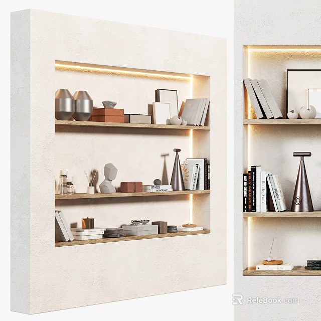 Stylish Decorative Ornament Arrangement With Books Geometric Shapes And Metal Pieces On Illuminated Shelves 3d model 