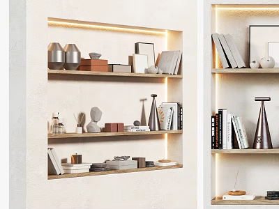 Stylish Decorative Ornament Arrangement With Books Geometric Shapes And Metal Pieces On Illuminated Shelves 3d model