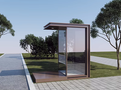 Modern Glass Guard Booth With Metal Structure Near Paved Pathway And Green Trees 3d model