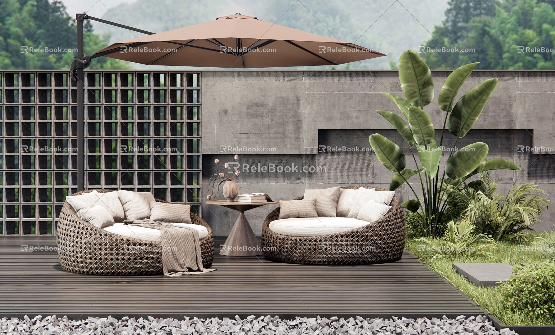 Rattan Outdoor Sofa Lazy Sofa Courtyard Garden 3d model