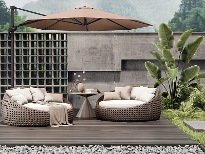 Brown Wicker Outdoor Sofas With White Cushions On Wooden Deck And Tan Umbrella 3d model