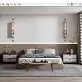 Modern Bedroom Interior Design With Wooden Bed Nightstands Wall Sconces Gray Rug And Sliding Wardrobe