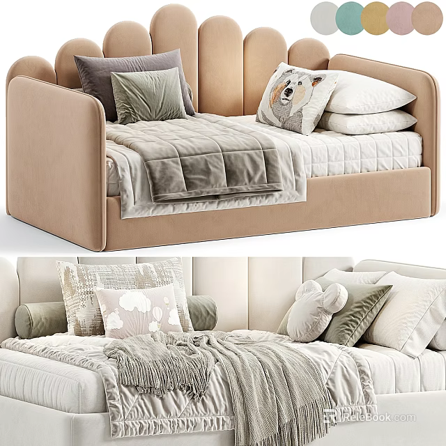 Cozy Kids Bed With Beige Frame Animal Print Pillows And Soft Blanket 3d model 