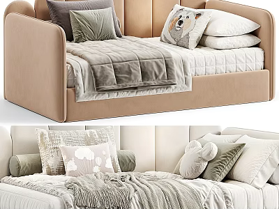 Cozy Kids Bed With Beige Frame Animal Print Pillows And Soft Blanket 3d model