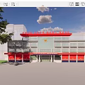 Modern Fire Station Exterior With Red Garage Doors And Multi story Structure Front Plaza Area