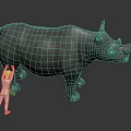 Giant Rhinoceros with Small Human Figure Standing Beside Showing Size Comparison on Gray Background