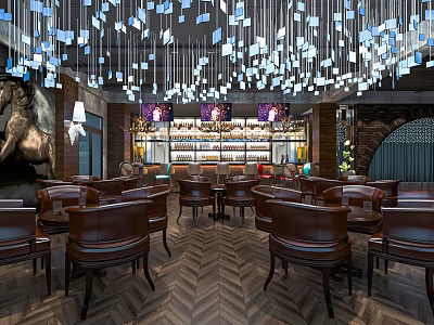 Bar Interior With Blue Butterfly Pendant Lights Brown Leather Chairs Herringbone Flooring And Wine Racks 3d model