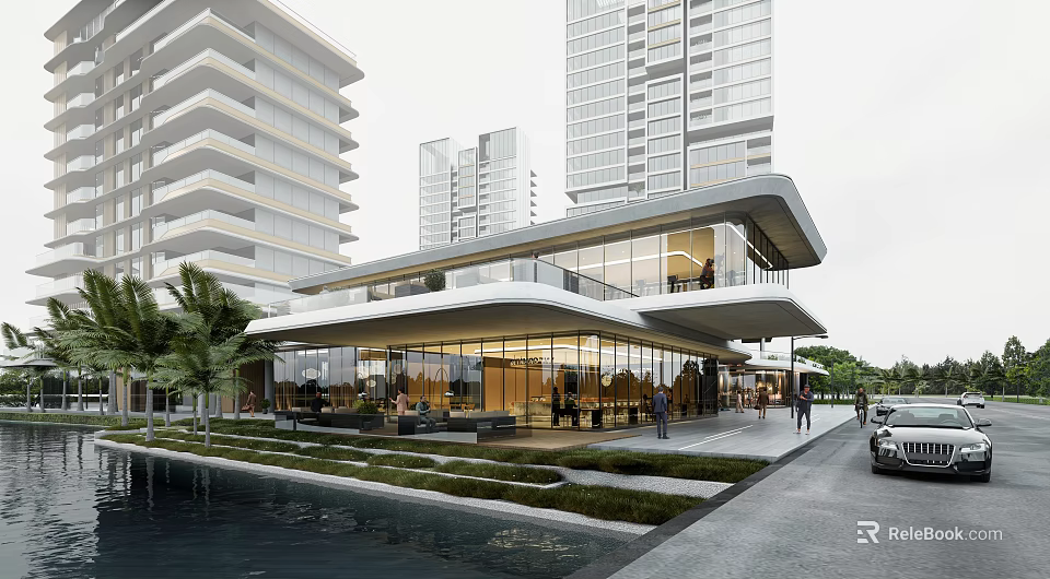 Modern High Rise Buildings With Glass Curtain Wall Low Rise Structure Greenery Water Pedestrians And Vehicles 3d model 