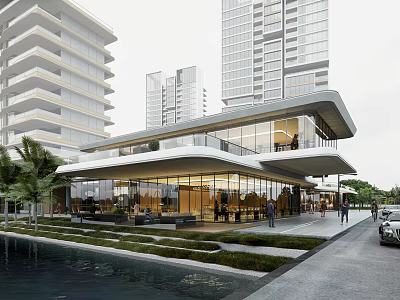Modern High Rise Buildings With Glass Curtain Wall Low Rise Structure Greenery Water Pedestrians And Vehicles 3d model