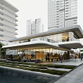 Modern High Rise Buildings With Glass Curtain Wall Low Rise Structure Greenery Water Pedestrians And Vehicles
