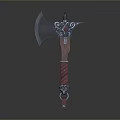 Ornate Fantasy Battle Axe With Red Handle And Silver Decorative Accents