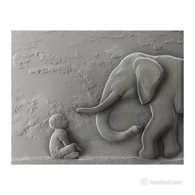 3D Relief Wall Decoration Featuring Child and Elephant Interaction for Home Decor 3d model 