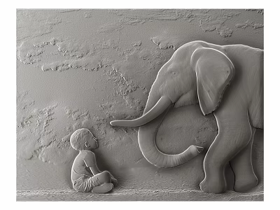 3D Relief Wall Decoration Featuring Child and Elephant Interaction for Home Decor 3d model