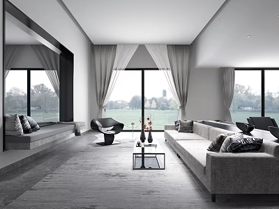 Modern Living Room Interior Design With Large Windows Gray Sofa Black Chair And Coffee Table 3d model