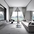 Modern Living Room Interior Design With Large Windows Gray Sofa Black Chair And Coffee Table