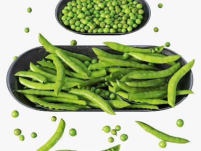 Fresh Green Peas and Snow Peas in Black Plates with Scattered Pods 3d model