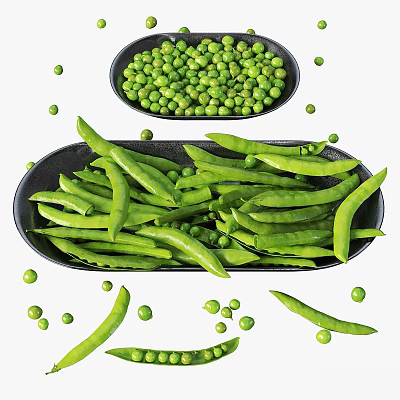 Fresh Green Peas and Snow Peas in Black Plates with Scattered Pods 3d model