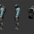 Sci Fi Game Movie Characters in Teal Mechanical Armor Featuring Glowing Green Eyes Circular Details
