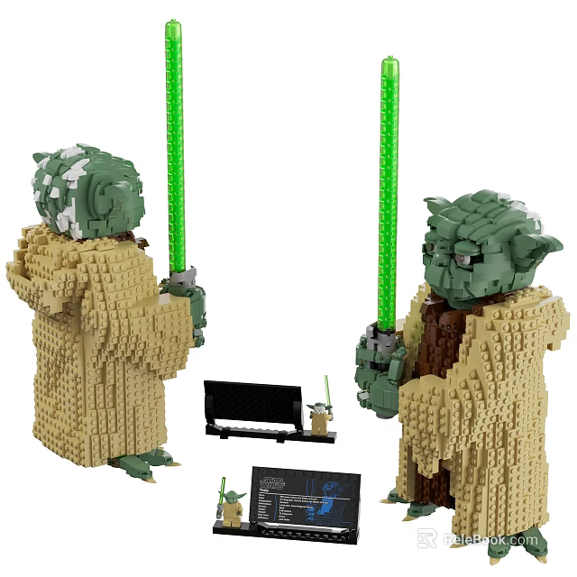 Building Blocks Yoda Figure Holding Green Lightsabers with Robe Details and Small Accessories 3d model 