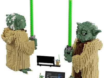 Building Blocks Yoda Figure Holding Green Lightsabers with Robe Details and Small Accessories 3d model