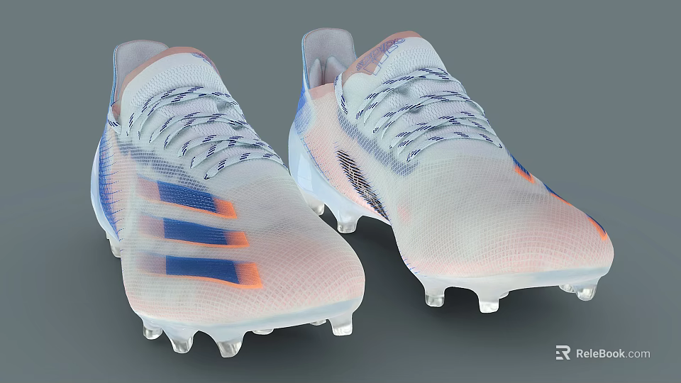 Modern White Soccer Shoes With Blue And Orange Stripes And Transparent Studs 3d model 