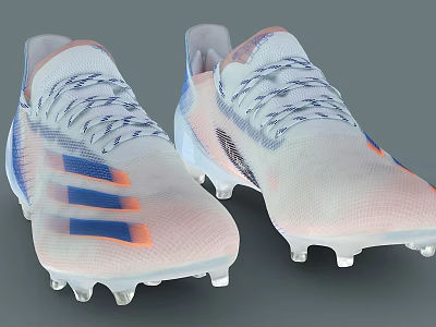 Modern White Soccer Shoes With Blue And Orange Stripes And Transparent Studs 3d model