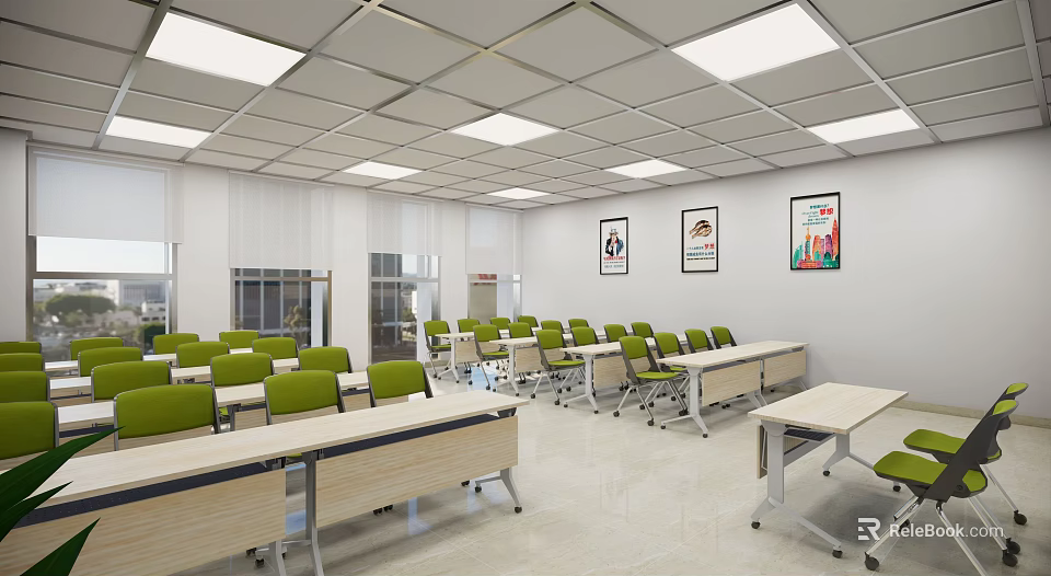 Conference Room Interior With Green Chairs Long Tables Square Ceiling Lights And Decorative Paintings 3d model 