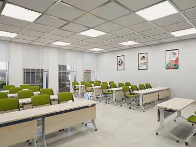 Conference Room Interior With Green Chairs Long Tables Square Ceiling Lights And Decorative Paintings 3d model