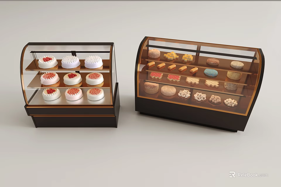 Glass Display Cases With Assorted Cakes And Pastries For Bakery 3d model 