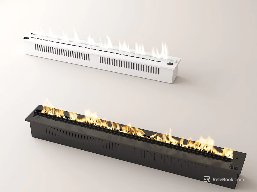 Modern White And Black Long Strip Fireplace With Realistic Flame Effect 3d model