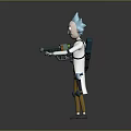 Serious Blue Haired Character Wearing Lab Coat With Yellow Pants Mechanical Legs Holding Weapon