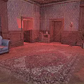 Elegant Interior Scene With Blue Sofa Wooden Paneling Patterned Wallpaper Large Rug And Herringbone Floor