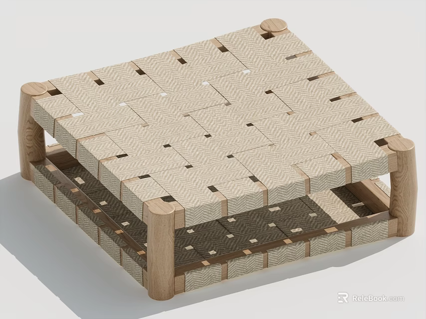 Light Wood Coffee Table With Woven Beige Design And Two Tier Structure 3d model