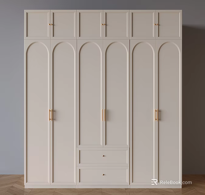 Elegant Modern Beige Wardrobe With Arched Doors Gold Handles And Bottom Drawers 3d model 