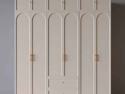 Elegant Modern Beige Wardrobe With Arched Doors Gold Handles And Bottom Drawers 3d model