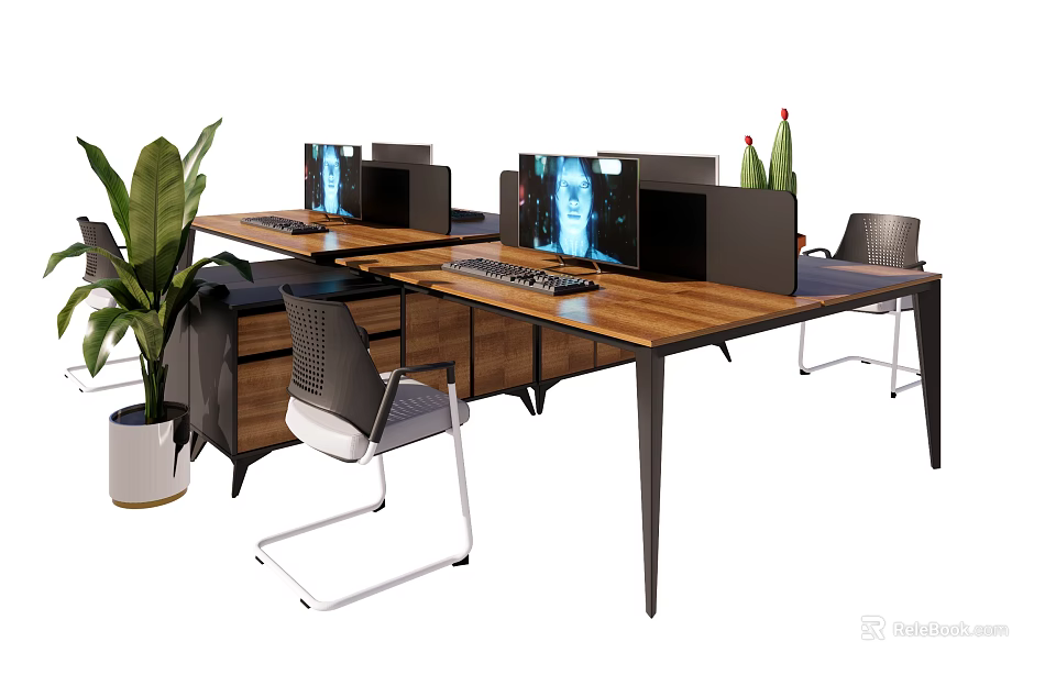 Modern Office Desk Setup With Computer Monitors Potted Plants And Office Chairs 3d model 